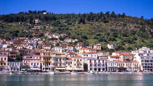 View of a coastal town with traditional architecture along the sea, Gythio, Mani, Peloponnese,