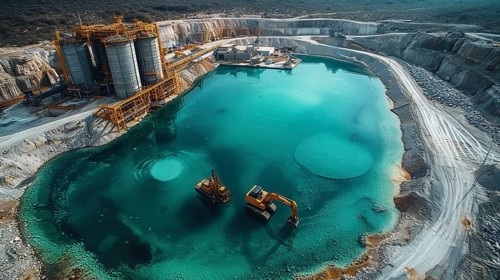 Lithium mining in a white salt lake in South America, AI generated