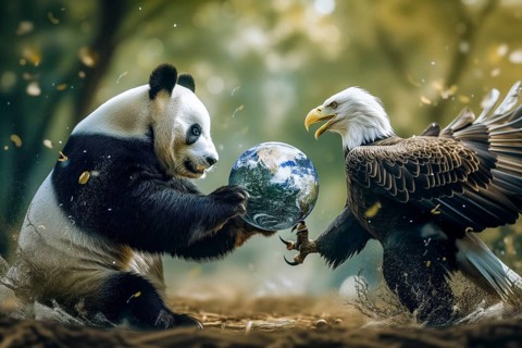 A panda and a bald eagle fight over a globe, symbolising the cultural, ideological and economic