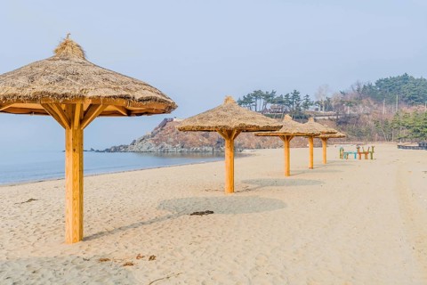 Thatched covered shade pavilions on empty beach under gray winter sky