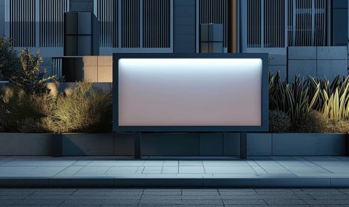 Blank street billboard on city street. Mockup of horizontal advertising stand in the street AI