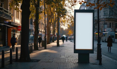 Blank street billboard on city street. Mock up of vertical advertising stand in the street AI