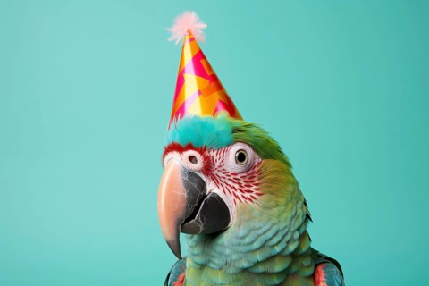 Parrot with birthday party hat on green background. KI generiert, generiert AI generated