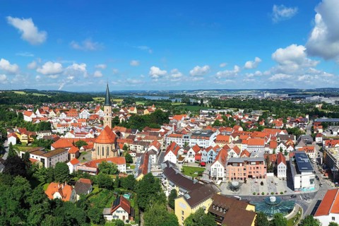 Aerial view of Dingolfing with a view of the historic town centre. Dingolfing, Lower Bavaria,