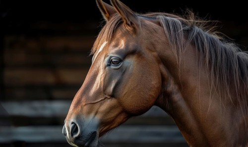 Close-up of a brown horse's profile with a flowing mane against a blurred background AI generated