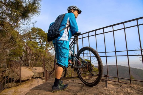 Mountain bikers on the viewing platform at Orensfels, Palatinate Forest