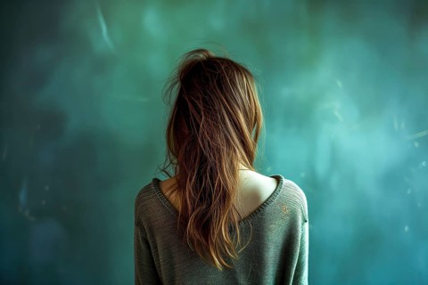 The image of a young woman from behind, surrounded by shades of green, creates a bleak atmosphere,