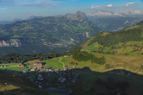 View from Fronalpstock to Stoos, Schwyz, Switzerland, Stoos, Schwyz, Switzerland, Europe
