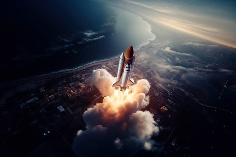 Aerial view of a rocket shuttle carrier launch at sunrise over an ocean coast. The rocket is