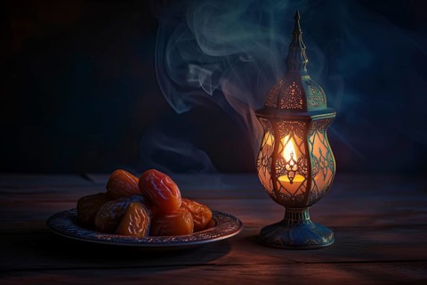 Ramadan lantern to a plate of succulent figs on dark background, set on an ornate table with