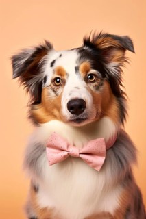 Australian Shepherd dog with pink bowtie. KI generiert, generiert AI generated