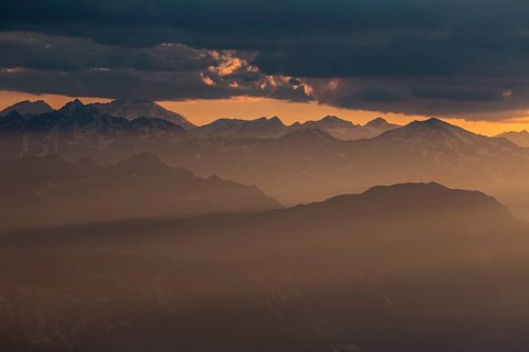 Thunderstorm mood over mountains, backlight, summer, view from Schlern to Ortler group, Dolomites,