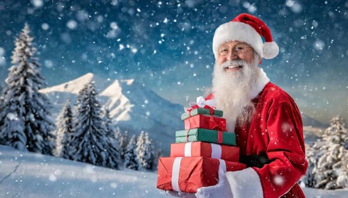AI generated, man, 70+, Father Christmas, red coat, backpack, full beard, winter, snow, ice, fir