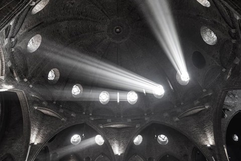 Beams of light illuminate the interior of St Jacob's Church, Enschede, Netherlands