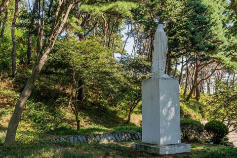 Rear view of statue of Mother Mary on plinth under shade trees at Catholic church nature park in