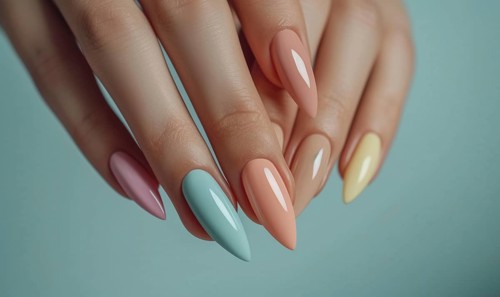 Female hands with pink and beige manicure and nail polish AI generated