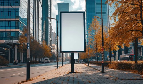 Blank street billboard on city street. Mock up of vertical advertising stand in the street AI