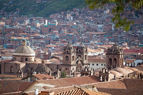 City view Cusco, in the centre the historic Iglesia de la Compania de Jesus or Church of the