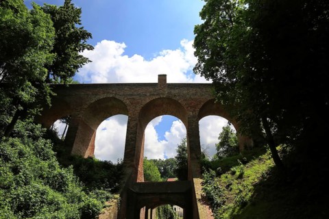 The historic old town centre of Dingolfing with a view of the high bridge. Dingolfing, Lower