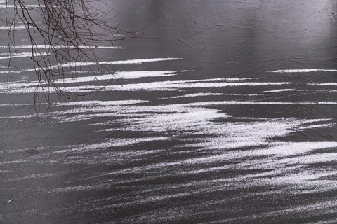 Drifting snow on the frozen Lindensee, Ruesselsheim am Main, Hesse, Germany, Europe