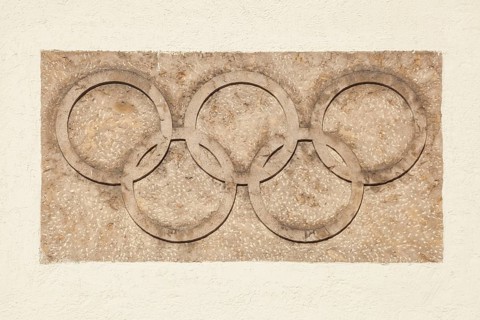 Olympic rings at the Olympic Stadium, 1936 venue of the Winter Games, torchbearer,