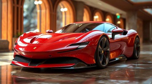 A luxurious red Ferrari parked indoors with sunlight casting reflections on the glossy floor, AI