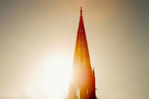 Tower of Freiburg Minster, sunset, Freiburg im Breisgau, Black Forest, Baden-Wuerttemberg, Germany,