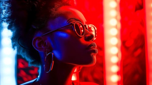 Relaxed woman with trendy glasses in a discreet pose, mysteriously illuminated by red neon lights,