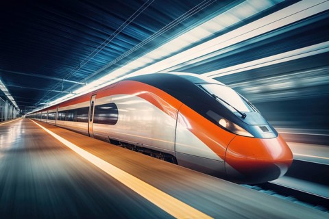 Modern high speed train in a futuristic train station. Modern transportation technology, speed,