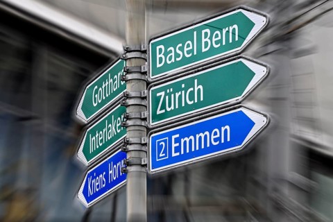 Wipe-clean signpost Gotthard motorway, Interlaken, Basel, Bern and Zurich, Switzerland, Europe