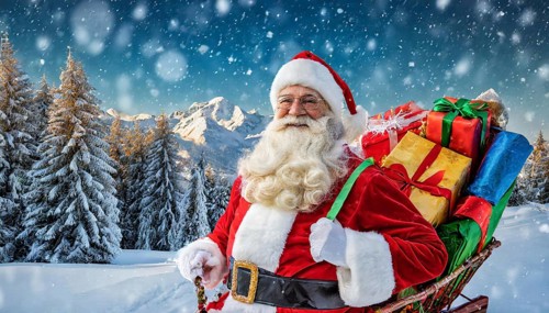 AI generated, man, 70+, Father Christmas, red coat, backpack, full beard, winter, snow, ice, fir