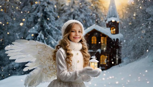 AI generated, girl, angel, winter, snow, ice, firs, snowy, snowflakes, winter landscape, costume,