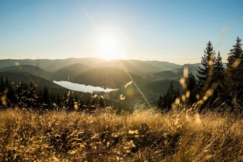 View from Hochfirst to Titisee and Feldberg, sunset, near Neustadt, Black Forest,