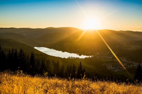 View from Hochfirst to Titisee and Feldberg, sunset, near Neustadt, Black Forest,