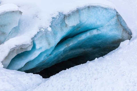 Glacier tongue, snow, winter, Morteratsch glacier, Pontresina, Engadin, Graubuenden, Switzerland,