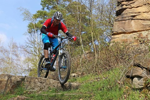 Mountain biker in difficult terrain in the Palatinate Forest near Wolfsburg
