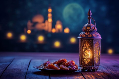 Ramadan lantern to a plate of succulent figs in violet purple tones with mosque and moon, set on an