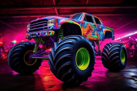 Monster truck illuminated by neon lights, excitement and thrill of an extreme sport and