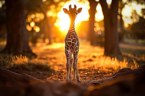 Baby giraffe standing amidst the golden rays of the setting sun, surrounded by nature s beauty, AI