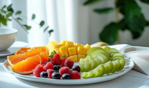 Fresh fruits on a white plate in the kitchen. Healthy eating AI generated