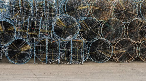 Closeup of crab cages used to bait, lure, and catch crabs for commercial or recreational use in