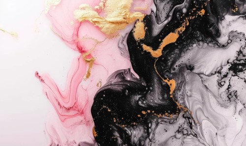 Black, pink, white and gold abstract background. Marbling artwork texture. Rose quartz ripple