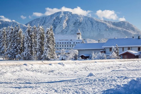 Winter landscape with Schlehdorf Monastery in front of the Jochberg 1567m, Schlehdorf, Lake Kochel,