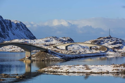 Fredvang bridges in winter, Fredvang, Lofoten, Nordland, Norway, Europe