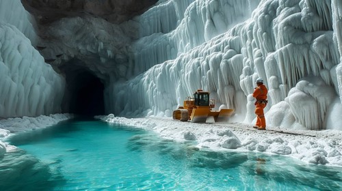 Lithium mining in a white salt lake in South America, AI generated