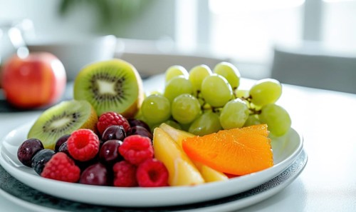 Fresh fruits on a white plate in the kitchen. Healthy eating AI generated