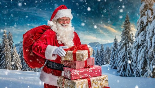 AI generated, man, 70+, Father Christmas, red coat, backpack, full beard, winter, snow, ice, fir