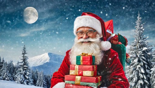 AI generated, man, 70+, Father Christmas, red coat, backpack, full beard, winter, snow, ice, fir