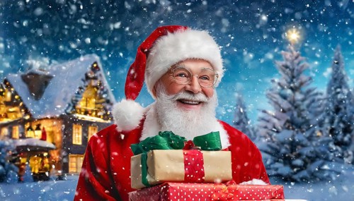 AI generated, man, 70+, Father Christmas, red coat, backpack, full beard, winter, snow, ice, fir