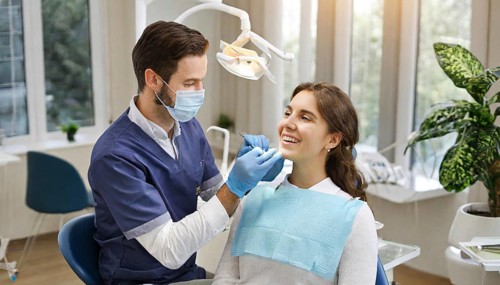 AI generated, A dentist treats a young woman, Blonde, 30, 35, years, Dental treatment, Follow-up